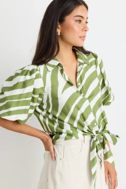 Among the Brave Exemption Green Zebra Tie Front SS Shirt