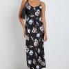 Stories be Told Exhibition Black Smudge Floral Satin Bias Flared Maxi Dress