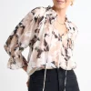 Among the Brave Expedition Beige Abstract Floral Shirred Neck Short Sleeve Top