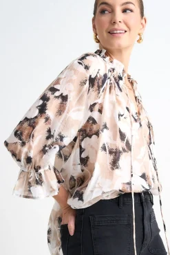 Among the Brave Expedition Beige Abstract Floral Shirred Neck Short Sleeve Top