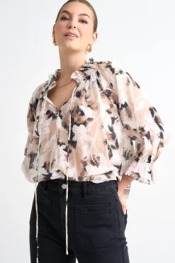 Among the Brave Expedition Beige Abstract Floral Shirred Neck Short Sleeve Top