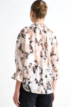 Among the Brave Expedition Beige Abstract Floral Shirred Neck Short Sleeve Top