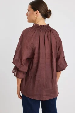 Among the Brave Expedition Chocolate Ramie Shirred Neck Short Sleeve Top