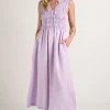 RE:UNION Label Explorer Lilac Sleeveless Split Neck Shirred Midi Dress