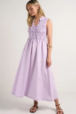 RE:UNION Label Explorer Lilac Sleeveless Split Neck Shirred Midi Dress