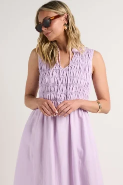 RE:UNION Label Explorer Lilac Sleeveless Split Neck Shirred Midi Dress