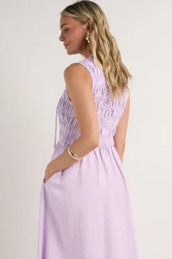 RE:UNION Label Explorer Lilac Sleeveless Split Neck Shirred Midi Dress