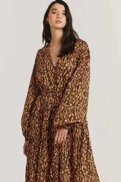 Charlie Holiday Eyler Chocolate Abstract LS Maxi Dress