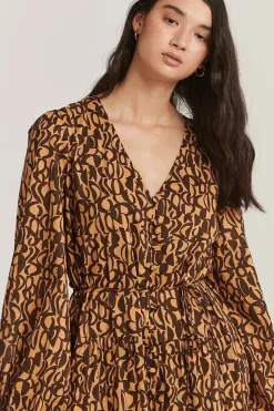 Charlie Holiday Eyler Chocolate Abstract LS Maxi Dress