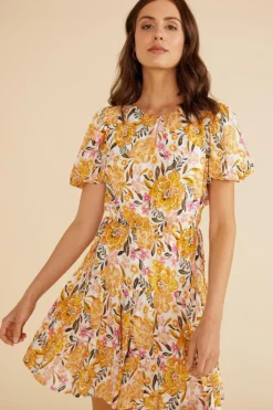 Mink Pink Ezra Marigold Floral SS Puff Mini Dress