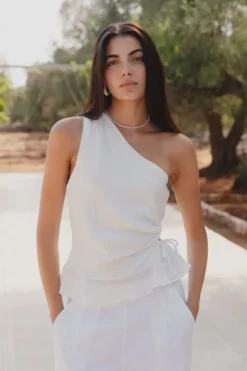 Among the Brave Fairytale White Linen One Shoulder Cutout Top