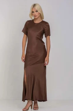 Blak Falling In Love Chocolate SS Satin Maxi Dress