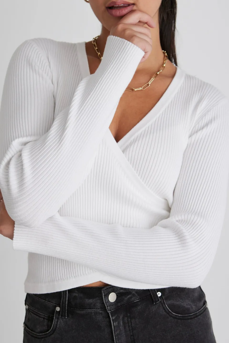 Among the Brave Feel Good White Ls Wrap Rib Knit Top