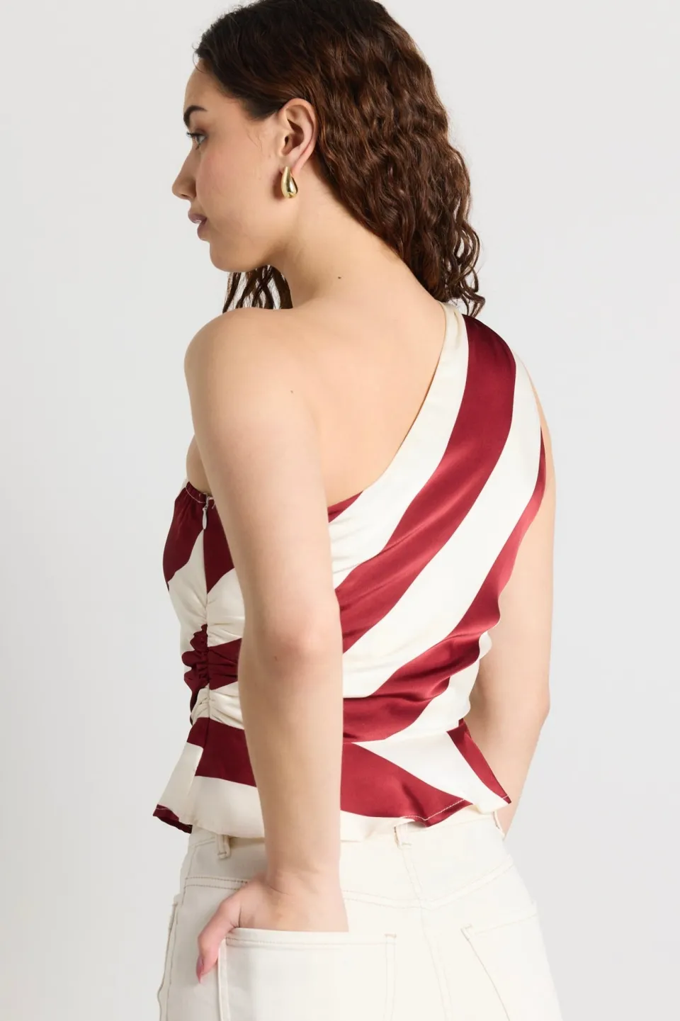 Among the Brave Fiction Plum Stripe Satin One Shoulder Top