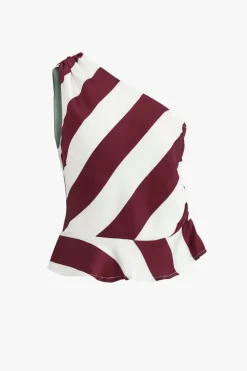 Among the Brave Fiction Plum Stripe Satin One Shoulder Top