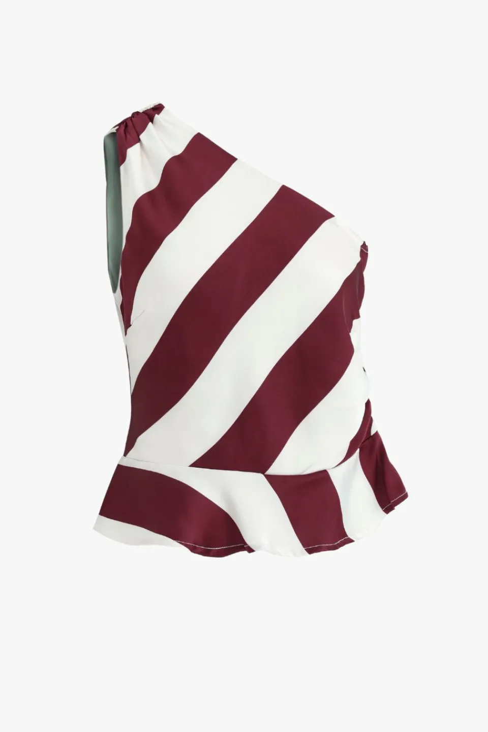 Among the Brave Fiction Plum Stripe Satin One Shoulder Top