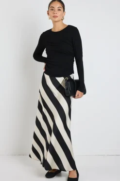 Among the Brave Fiery Black Sand Stripe Satin Bias Maxi Skirt