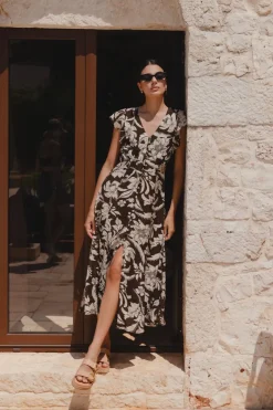 Among the Brave Flawless Chocolate Floral Fluted Sleeve Button Front Midi Dress
