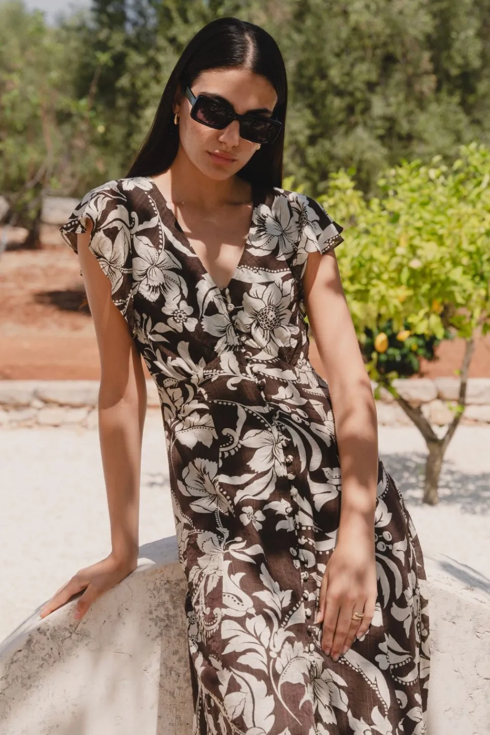Among the Brave Flawless Chocolate Floral Fluted Sleeve Button Front Midi Dress