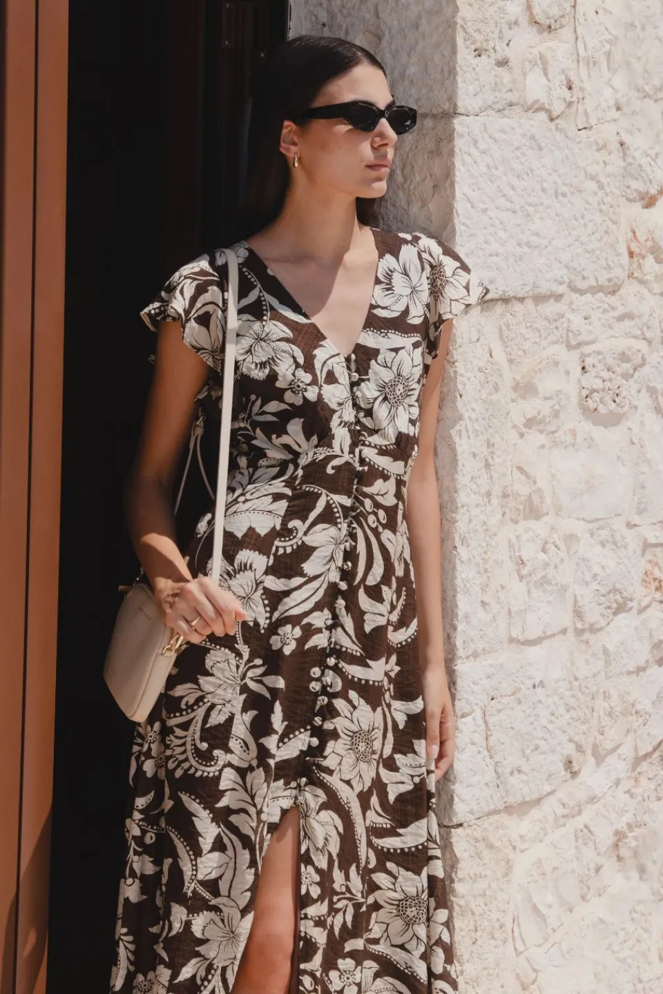Among the Brave Flawless Chocolate Floral Fluted Sleeve Button Front Midi Dress