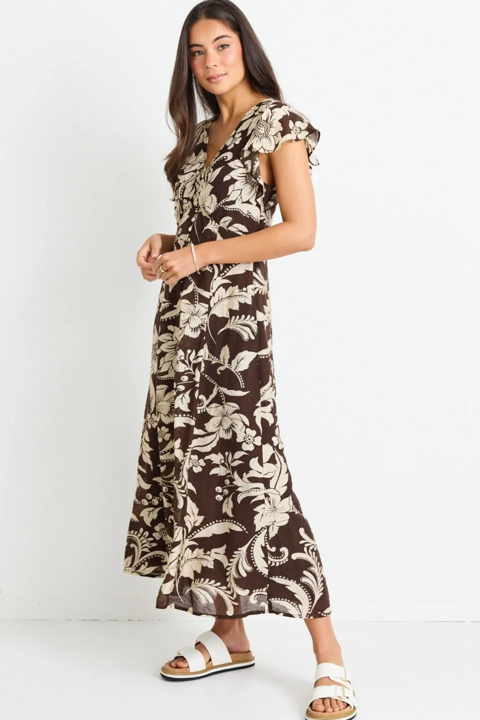 Among the Brave Flawless Chocolate Floral Fluted Sleeve Button Front Midi Dress
