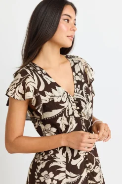 Among the Brave Flawless Chocolate Floral Fluted Sleeve Button Front Midi Dress
