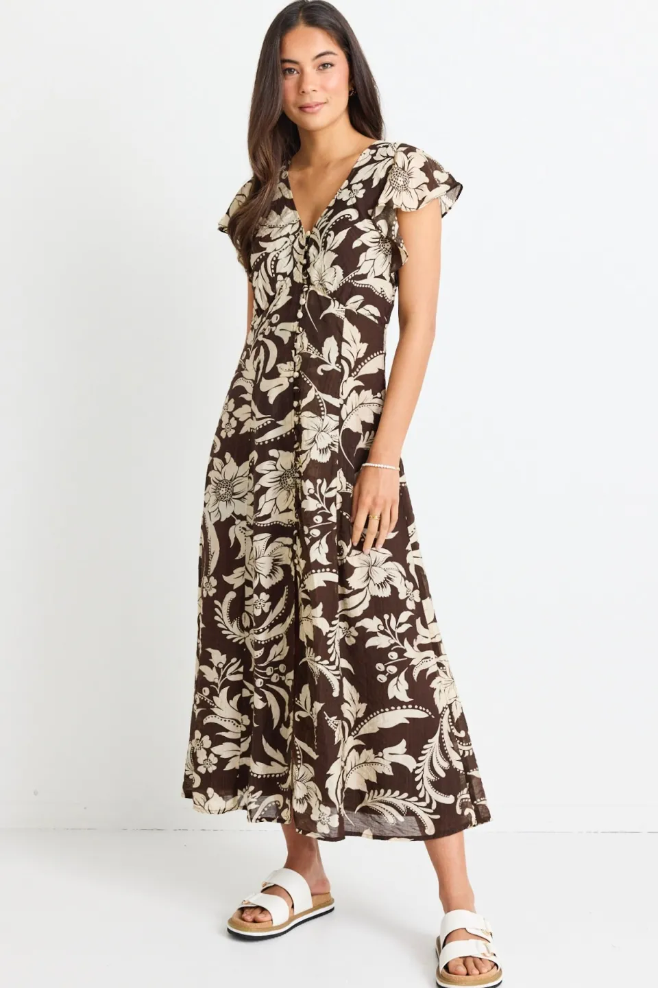 Among the Brave Flawless Chocolate Floral Fluted Sleeve Button Front Midi Dress