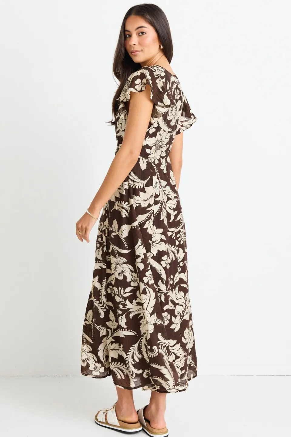 Among the Brave Flawless Chocolate Floral Fluted Sleeve Button Front Midi Dress