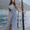 Among the Brave Flawless Navy Gingham Cotton Fluted Sleeve Button Front Midi Dress
