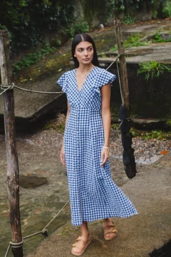 Among the Brave Flawless Navy Gingham Cotton Fluted Sleeve Button Front Midi Dress