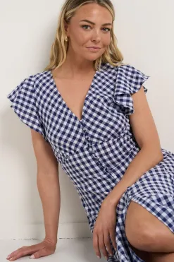 Among the Brave Flawless Navy Gingham Cotton Fluted Sleeve Button Front Midi Dress