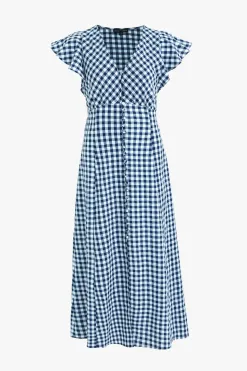 Among the Brave Flawless Navy Gingham Cotton Fluted Sleeve Button Front Midi Dress