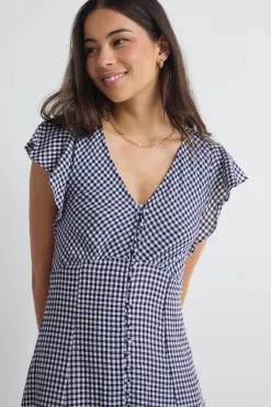 Among the Brave Flawless Navy Gingham Fluted Sleeve Button Front Midi Dress