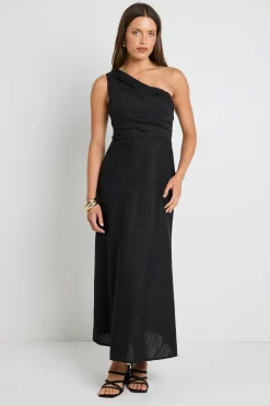 Georgia Mae Flirt Black One Shoulder Tuck Midi Dress