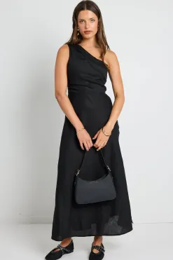 Georgia Mae Flirt Black One Shoulder Tuck Midi Dress