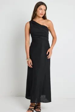 Georgia Mae Flirt Black One Shoulder Tuck Midi Dress