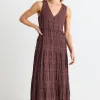 Ivy + Jack Flora Chocolate V Neck Tie Front Sleeveless Tiered Maxi Dress