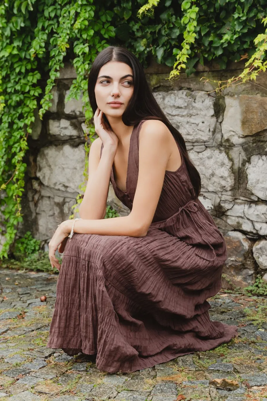 Ivy + Jack Flora Chocolate V Neck Tie Front Sleeveless Tiered Maxi Dress