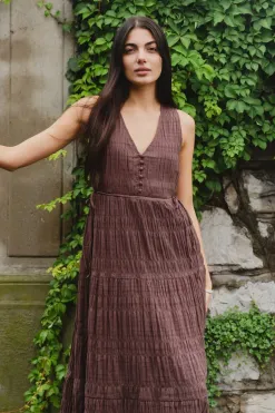 Ivy + Jack Flora Chocolate V Neck Tie Front Sleeveless Tiered Maxi Dress