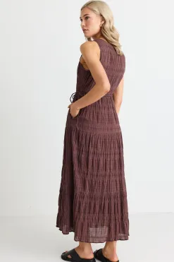 Ivy + Jack Flora Chocolate V Neck Tie Front Sleeveless Tiered Maxi Dress