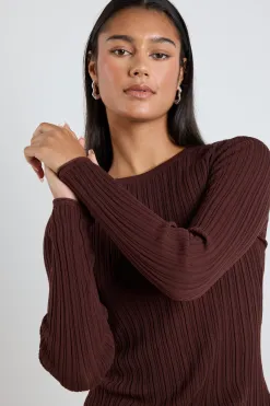 Among the Brave Fragment Chocolate Sheer Rib LS Knit Top