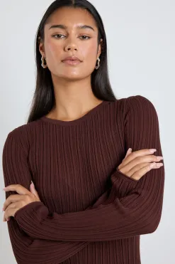 Among the Brave Fragment Chocolate Sheer Rib LS Knit Top