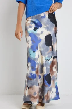 Among the Brave Frantic Navy Multi Watercolour Satin Bias Maxi Skirt