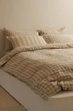 Home Lab 100% French Flax Linen Reversible Duvet Cover Set - Natural Gingham - King