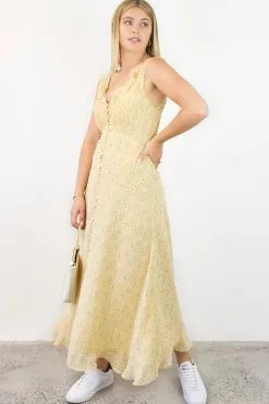 Among the Brave Frill Seeker Golden Ditsy Fleck Georgette Button Front Ruffle Neck Midi Dress