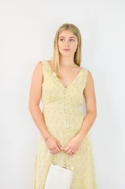 Among the Brave Frill Seeker Golden Ditsy Fleck Georgette Button Front Ruffle Neck Midi Dress