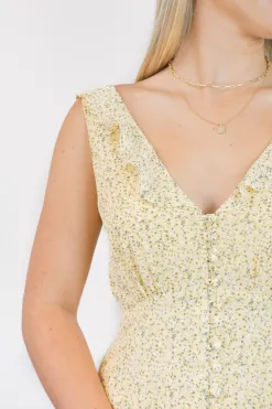 Among the Brave Frill Seeker Golden Ditsy Fleck Georgette Button Front Ruffle Neck Midi Dress