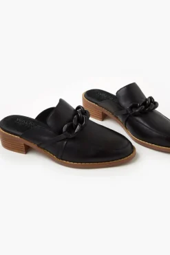 Walnut Gabriel Black Leather Mule with Chain Detail