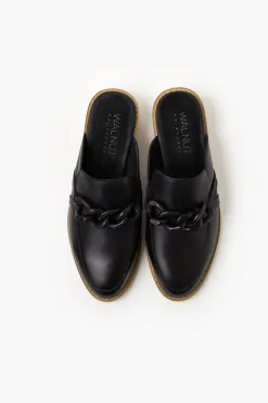 Walnut Gabriel Black Leather Mule with Chain Detail