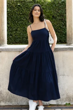 Among the Brave Galaxy Navy Linen Tie Back Tiered Strappy Maxi Dress